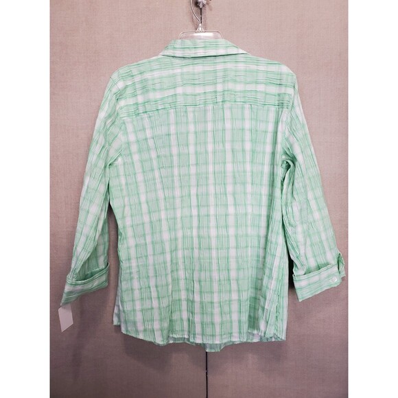 Foxcroft Fitted Crinkle Plaid Green 3/4 Sleeve Button-Up Top Size 16 NWT - Picture 5 of 6